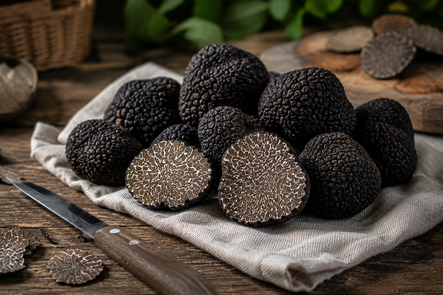 Black Perigord truffles (Tuber melanosporum) close-up