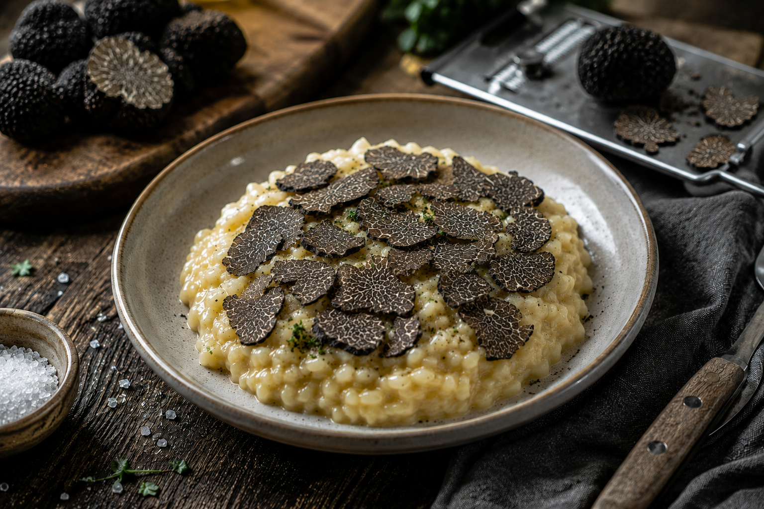 Black truffle risotto topped with authentic fresh Tuber melanosporum slices