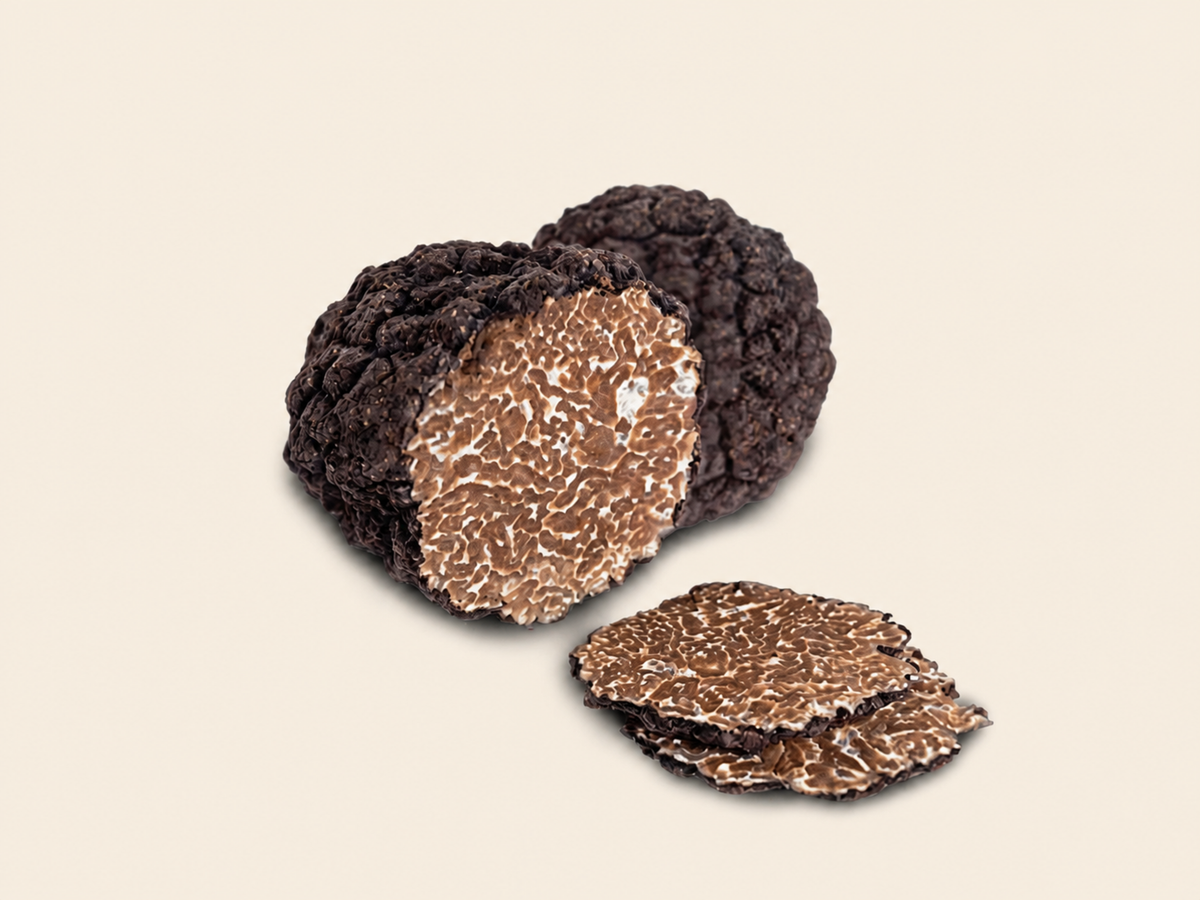 Fresh Tuber uncinatum Burgundy truffles cut open, centered on a warm bone background