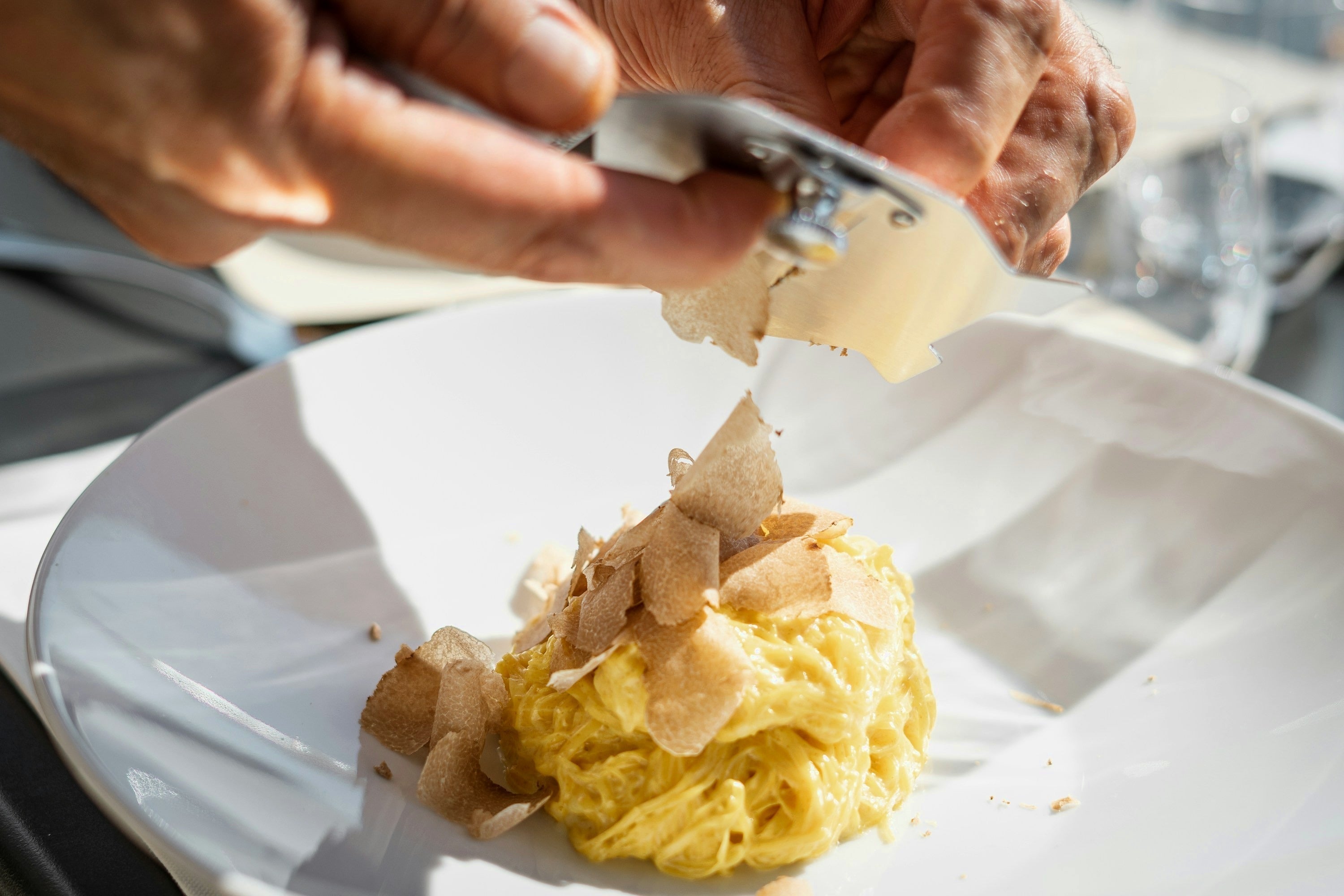 Fresh white truffle (Tuber magnatum) shaved over Piedmontese tajarin in Alba, Italy