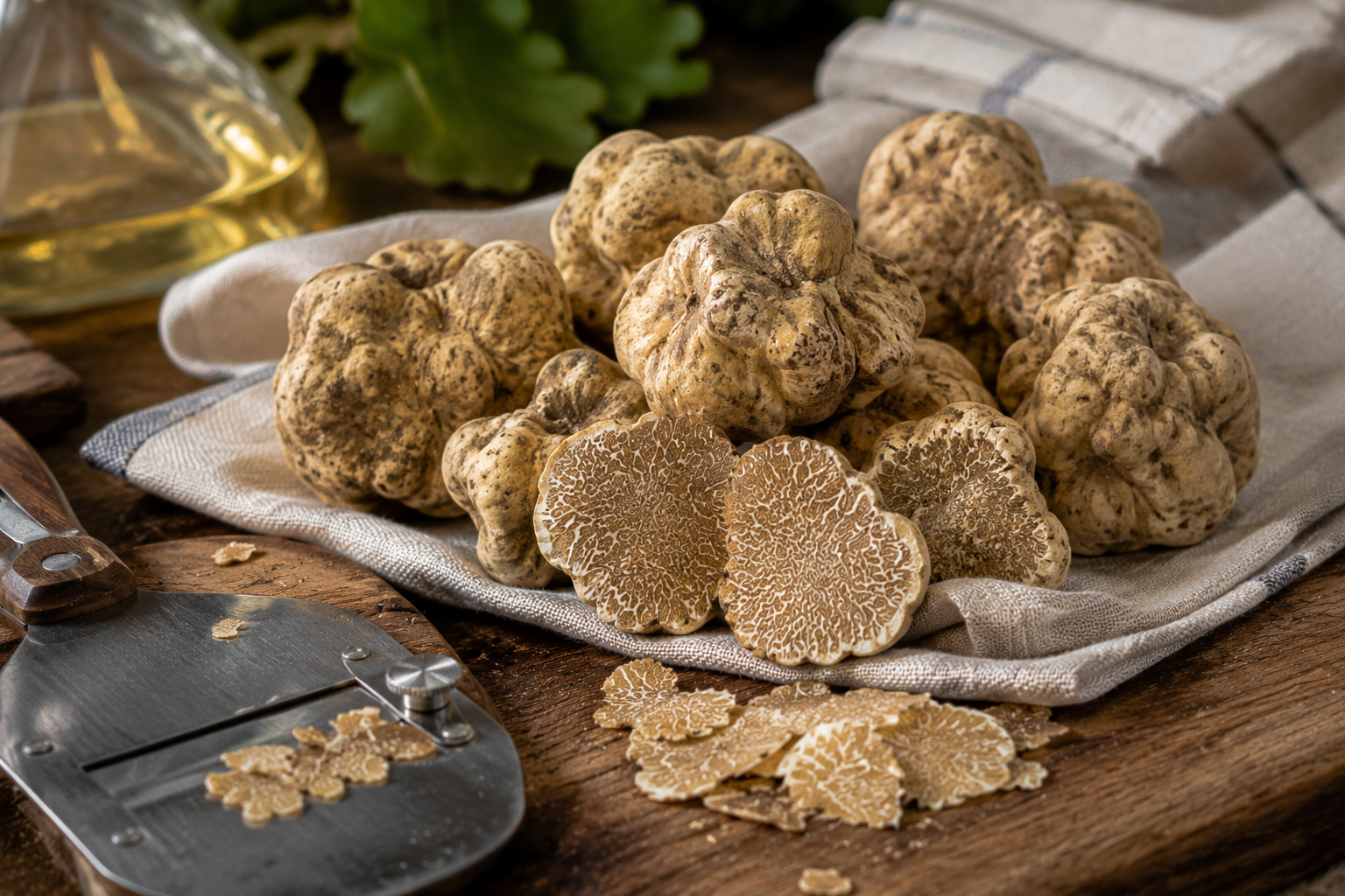Fresh white truffles (Tuber magnatum) on a rustic table