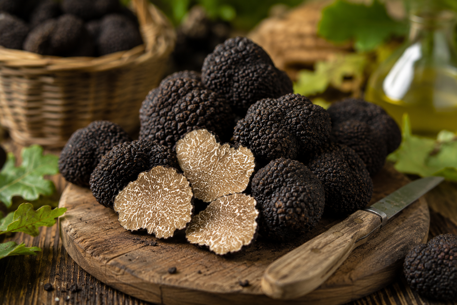 Fresh summer truffles (Tuber aestivum) on a wooden board