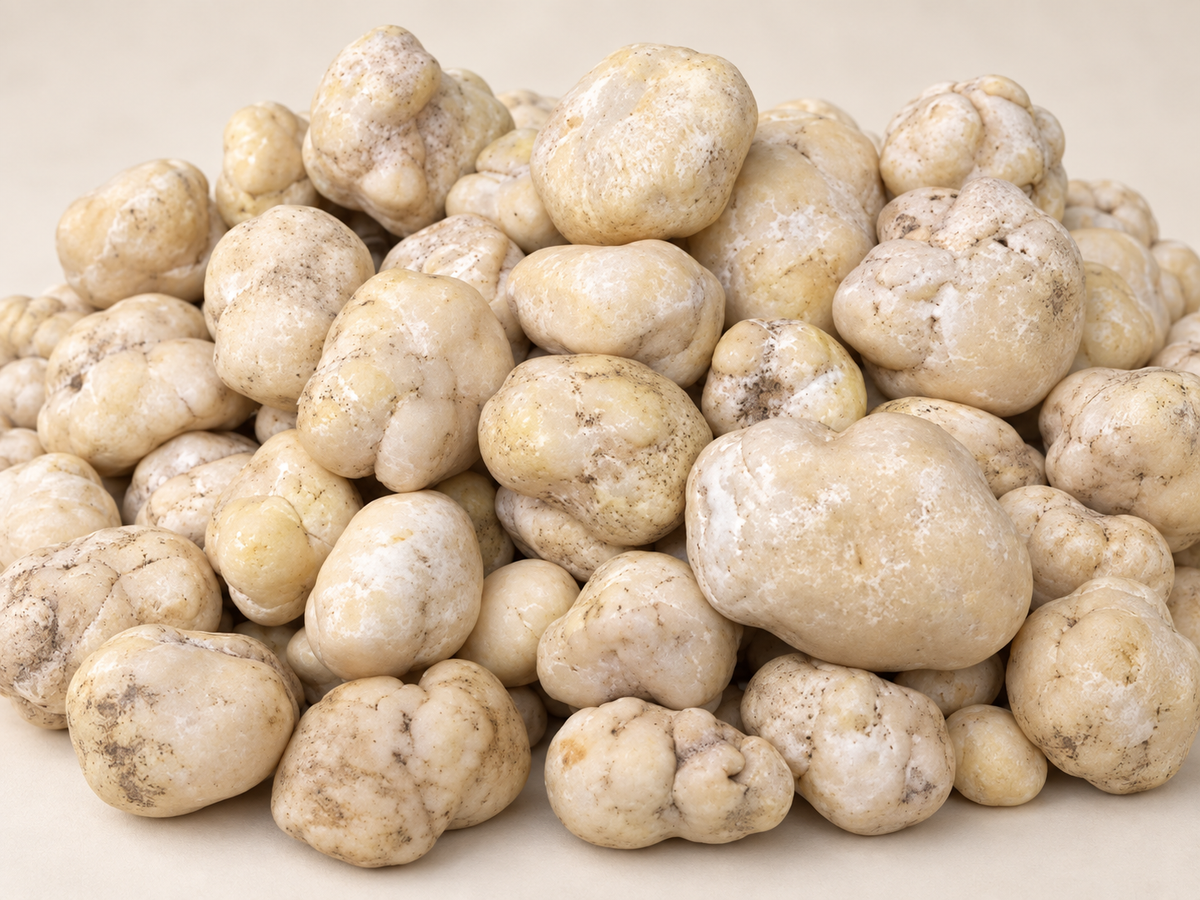 Fresh Hungarian honey truffles, Mattirolomyces terfezioides, on a warm bone background