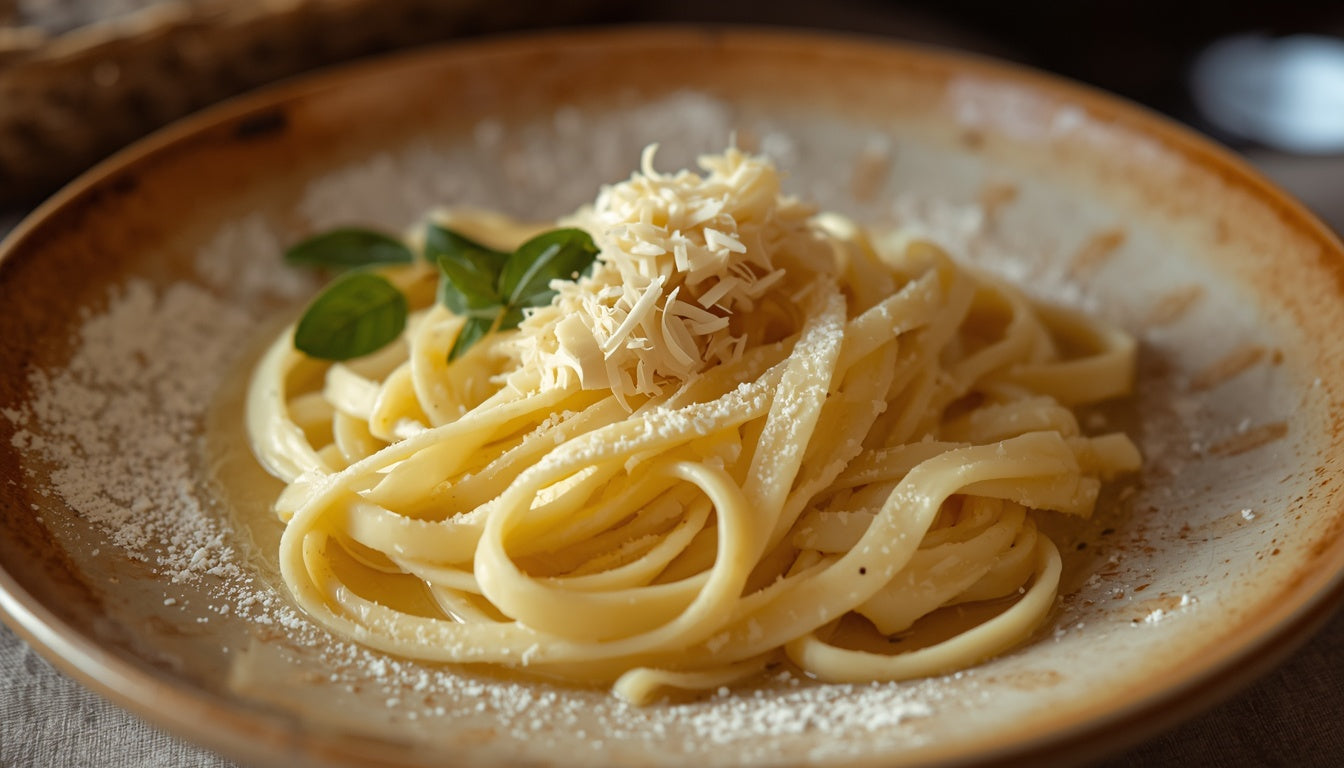 Fresh white truffle shaved over buttered tagliolini pasta on a warm plate