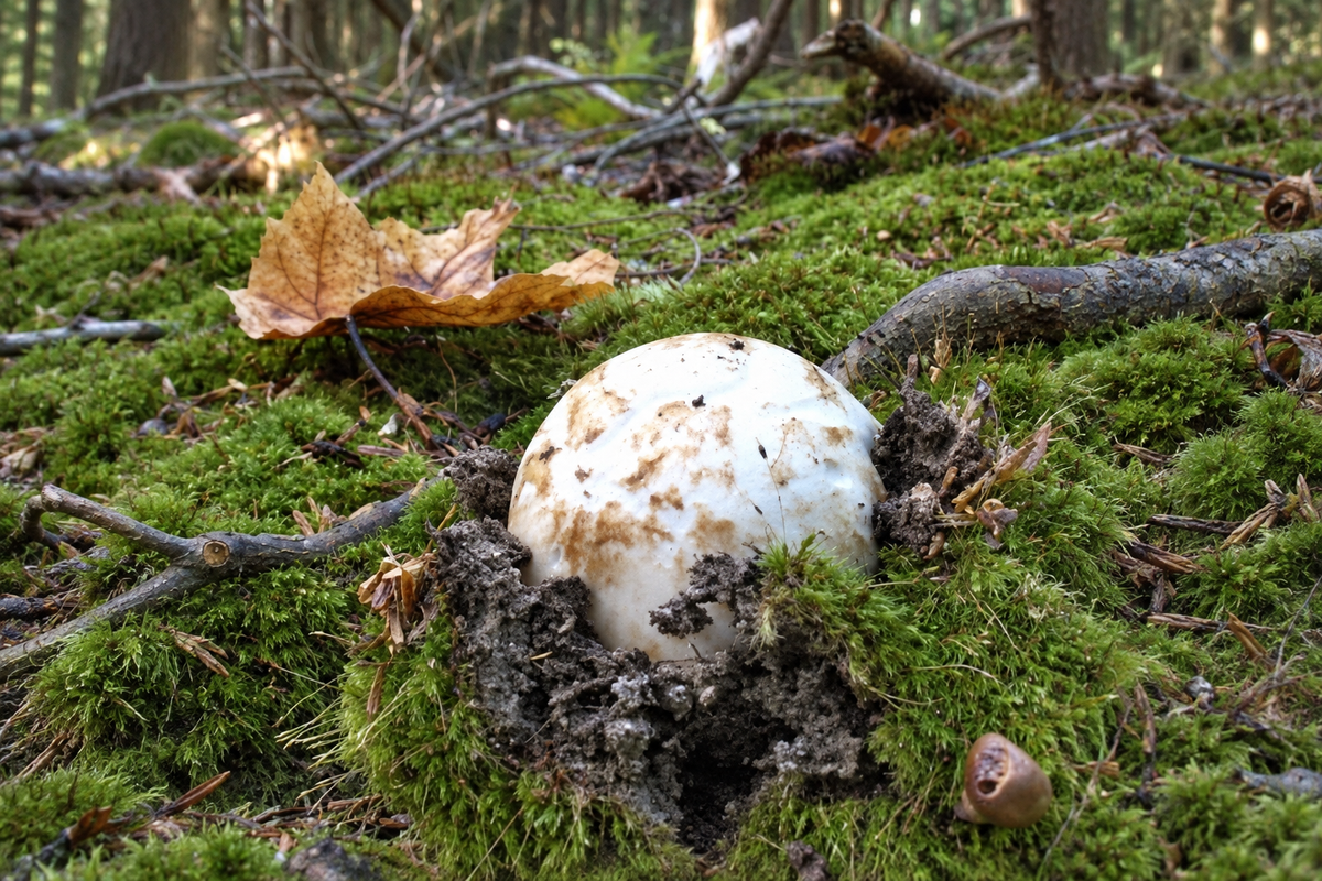 Closed matsutake mushroom emerging from mossy forest soil