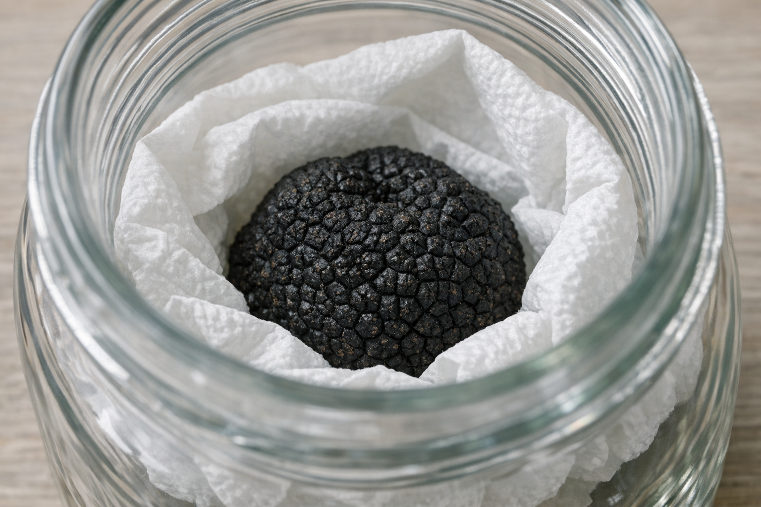 photo of a fresh black truffle wrapped in paper towel inside a glass jar