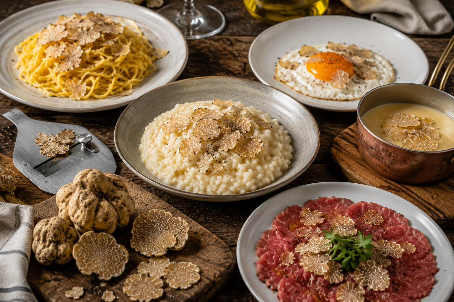 White truffle dishes with fresh Tuber magnatum