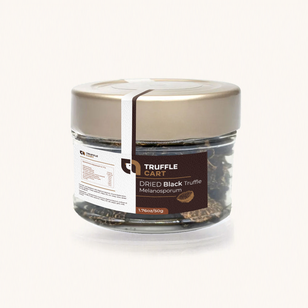 Dried Tuber melanosporum black winter truffles in Truffle Cart jar