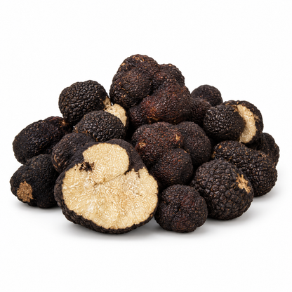 Early immature Tuber melanosporum with pale cream interior on a white background1