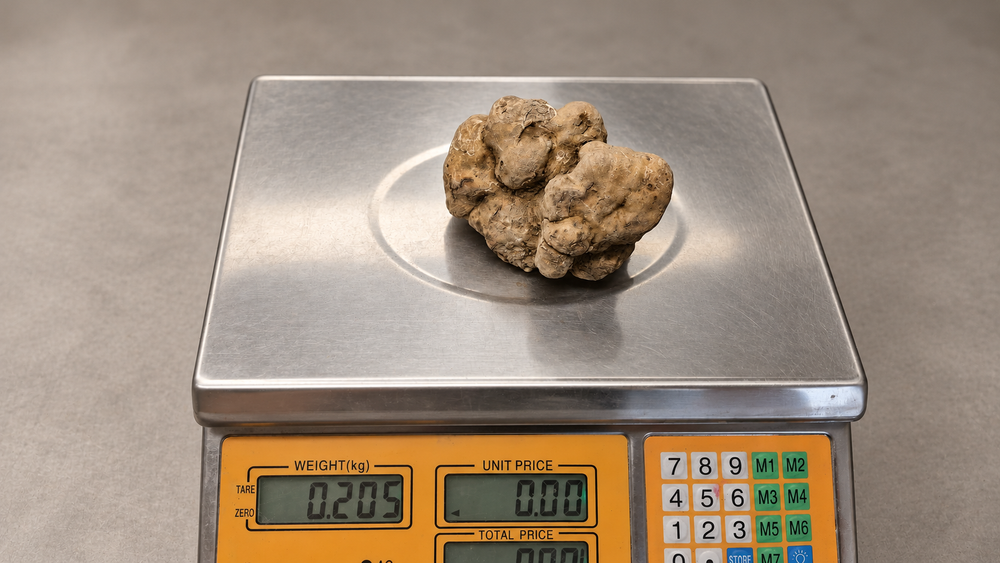 Istrian white truffle on a scale reading 0.205 kg